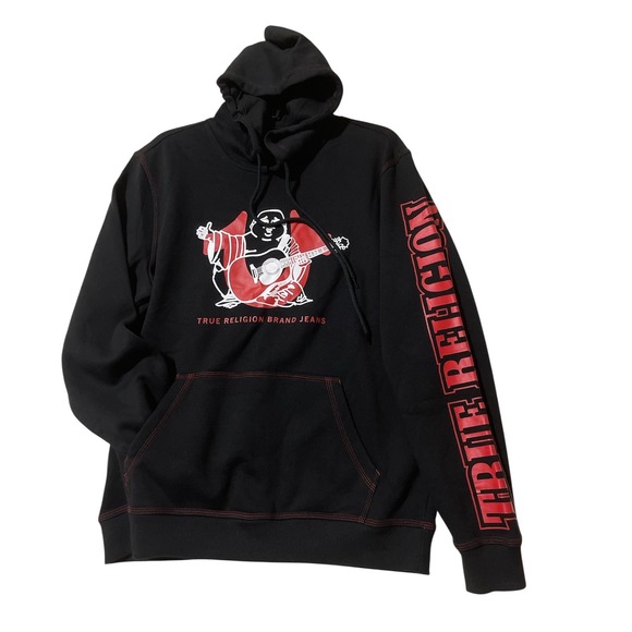 True Religion Mens Buddha Logo Hoodie Jet Black Red Contrast Stitch Medium $119